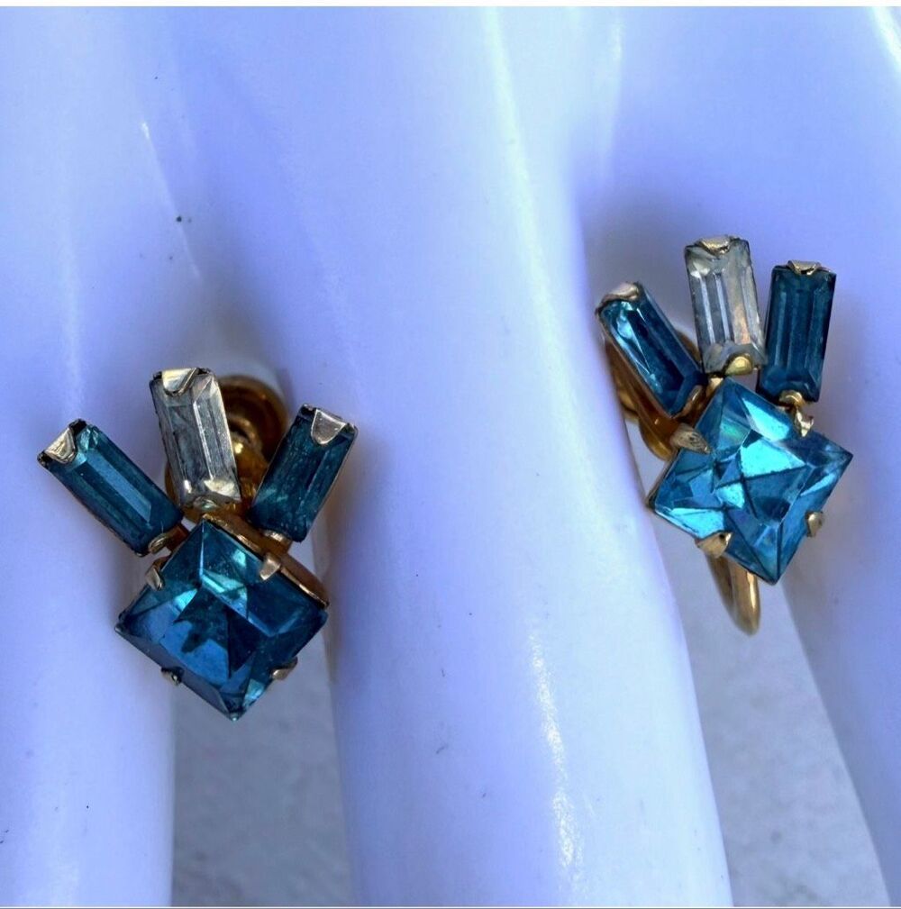 Vintage Louis Stern LS Gold Filled Aqua Blue Rhinestone Screw Back Earrings